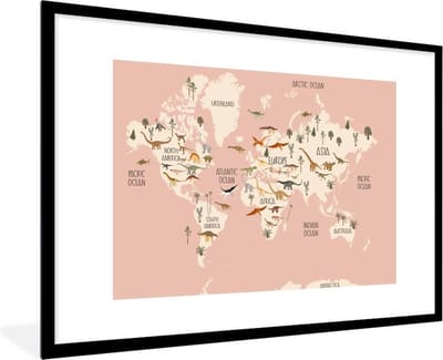 Poster in lijst - Fotolijst 90x60 cm - Posters - Wereldkaart - Kinderkamer - Dino's - Meisjes - Kinderen - Roze - Posterlijst zwart - Decoratie - Wanddecoratie woonkamer - Muurdecoratie slaapkamer
