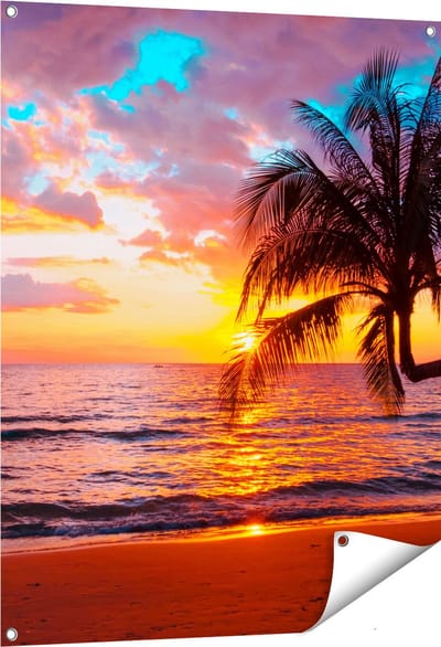 Gards Tuinposter Tropisch Strand tijdens Zonsondergang - 80x100 cm - Tuindoek - Tuindecoratie - Wanddecoratie buiten - Tuinschilderij
