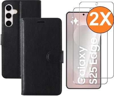 Hoesje Geschikt voor Samsung Galaxy S25 Edge hoesje bookcase Zwart met screenprotectors 2 stuks