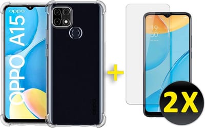 HB Hoesje Geschikt voor Oppo A15 & A15S Transparant & 2X Glazen Screenprotector - Anti-Shock Hybrid Back Cover
