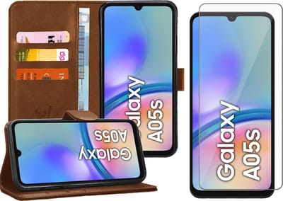Hoesje geschikt voor Samsung Galaxy A05s - Screenprotector Glas - Portemonnee Book Case Bruin