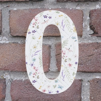 Huisnummer Arial 0 wit met bloemen - Maat: Klein (10 cm) - zelfklevend - Huisnummerbord