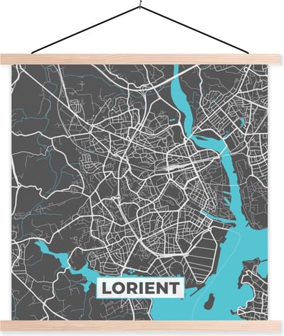 Posterhanger incl. Poster 40x40 cm - Schoolplaat - Lorient - Frankrijk - Kaart - Plattegrond - Stadskaart - Textielposter - Blanke latten - Stadskaart