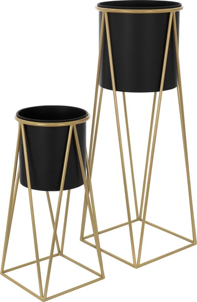 Set van 2 bloemenstandaards 21.8x22x47 / 25x25x71 cm zwart/goud gemaakt van staal ML-Design
