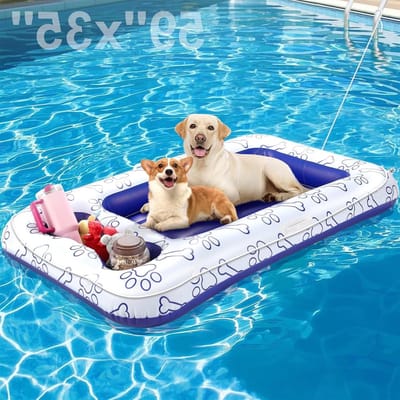 Opblaasbare Honden Float voor Kleine, Middelgrote en Grote Honden tot 100 kg, Draagbare Drijvende Lounge met Handvatten en Snackgebied, Perfect voor Strand en Meer, 59 x 35 Inch, Blauw