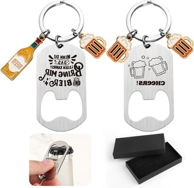 Gegraveerde Sleutelhanger Flessenopener Set van 2, RVS Bieropeners met Cadeaubox, Perfecte Cadeau voor Vader, Verjaardag, Bar en Keuken