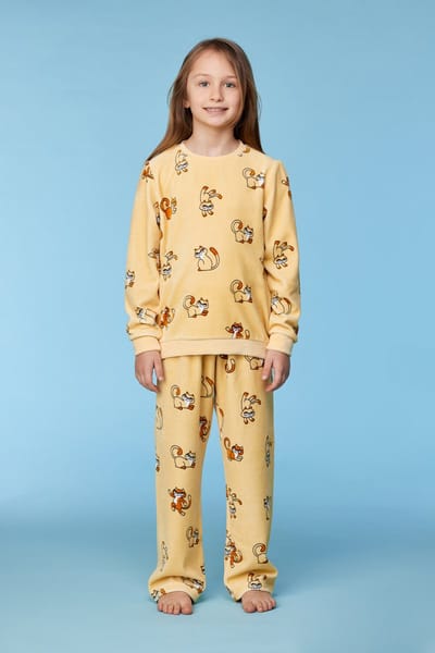 Woody pyjama meisjes/dames velours - geel - katten all-overprint - 252-10-PDV-V/920 - maat 128