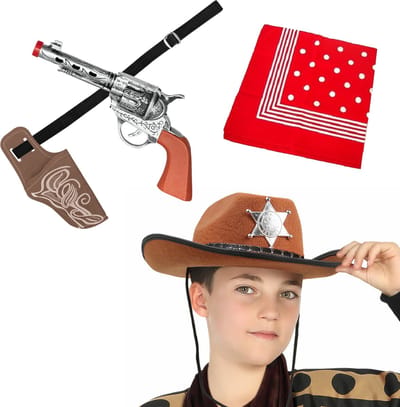 Carnaval Verkleed set - Cowboy hoed bruin/zakdoek rood/holster met revolver - voor kinderen