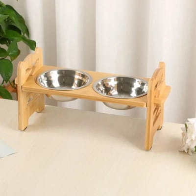 Accessoires Premium Haute Qualité Surélevé Bols pour Chien en Acier Inoxydable avec Support en Bambou Incliné Réglable Support sur Pieds Gamelle pour Chiot Chat Nourriture Eau Support Animal de Compagnie Mangeoire