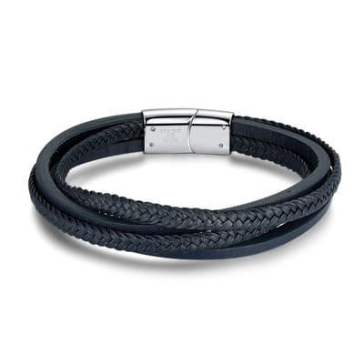 Twice As Nice Armband in edelstaal, 4 rijen blauw leer 21cm