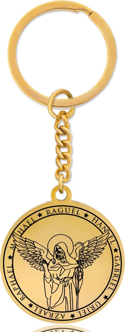 Beschermengel Raguël Sleutelhanger – Spiritueel Cadeau van Roestvrij Staal – Goudkleurig – Pax Amare