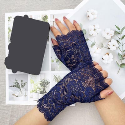 38 Stijlen Hol Kant Bloem Visnet Vingerloze Handschoenen Elegant Zonbescherming Dames Mesh Dans Bruiloft Wanten Handdecoratie One Size blue