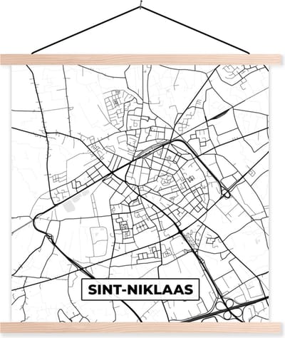 Posterhanger incl. Poster 40x40 cm - Schoolplaat - Zwart Wit – België – Plattegrond – Stadskaart – Kaart – Sint Niklaas - Textielposter - Blanke latten - Stadskaart