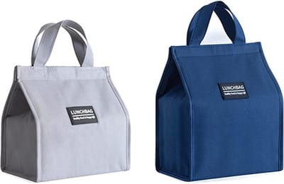 Pakket van 2 lunchtassen, koeltas, draagbare geïsoleerde lunchtas, waterdichte opvouwbare picknicktas, picknickhandtas, lunchtas voor werk, school en picknick (grijs + blauw)