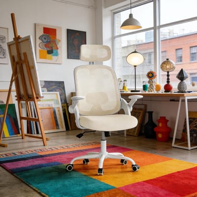 FloraGrace Bureaustoel Hoge Rugleuning - Ergonomische Wipfunctie en 3D Armleuningen - Bureau en Vergaderruimte - Beige
