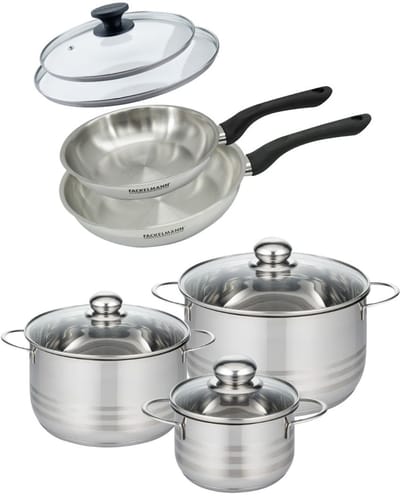 Set van 2 pannen 20 en 24 cm van roestvrij staal en deksel, 3 roestvrijstalen kookpotten 16, 20 en 24 cm Fackelmann Geneva