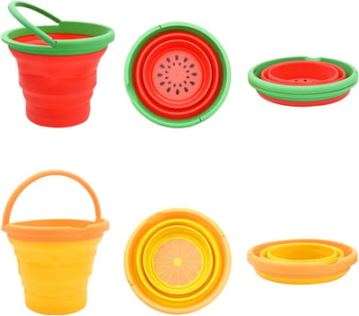 Vouwbare strandemmer set van 2, siliconen emmers met handvat, zandbak speelgoed met fruitpatroon, perfect voor strand, kamperen en buitenactiviteiten