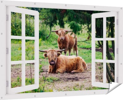 Gards Tuinposter Doorkijk Twee Schotse Hooglanders in de Bossen - 180x120 cm - Tuindoek - Tuindecoratie - Wanddecoratie buiten - Tuinschilderij