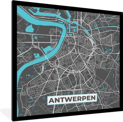 Fotolijst incl. Poster - Stadskaart – Grijs - Kaart – Antwerpen – België – Plattegrond - 40x40 cm - Posterlijst