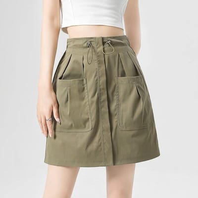 Grijze Amerikaanse Werkrok voor Dames Zomer Nieuw Niche Design met Trekkoord Hoge Taille A-lijn Heuprok L beige