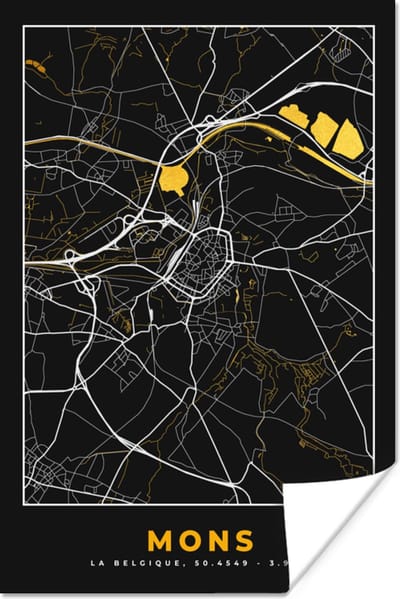 Poster Mons - Black & gold - Stadskaart - Plattegrond - Kaart - 120x180 cm XXL