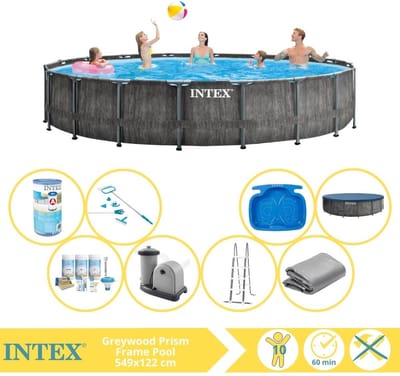 Intex Prism Frame Greywood Zwembad - Opzetzwembad - 549x122 cm - Inclusief Onderhoudspakket, Filter, Onderhoudsset en Voetenbad