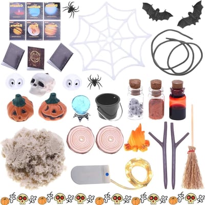 Miniatuur Halloween poppenhuis set met 28 accessoires, decoratie met spinnen, vleermuizen en pompoenen voor een griezelige sfeer