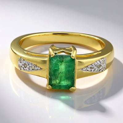 Cavill - Verguld 925 Sterling Zilveren Ring met 0,75 ct Bahia Smaragd en 0,074 ct Cambodjaanse Zirkonen - Elegante Achthoekige Edelsteenring - Maat 17