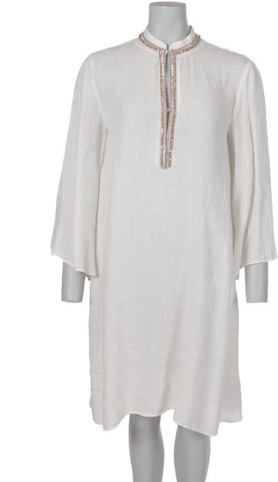 120% Lino jurk ecru met versierde halsopening en wijde mouwen voor dames - XL (42)