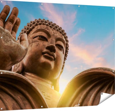 Gards Tuinposter Groot Boeddha Standbeeld van Dichtbij - 150x120 cm - Tuindoek - Tuindecoratie - Wanddecoratie buiten - Tuinschilderij