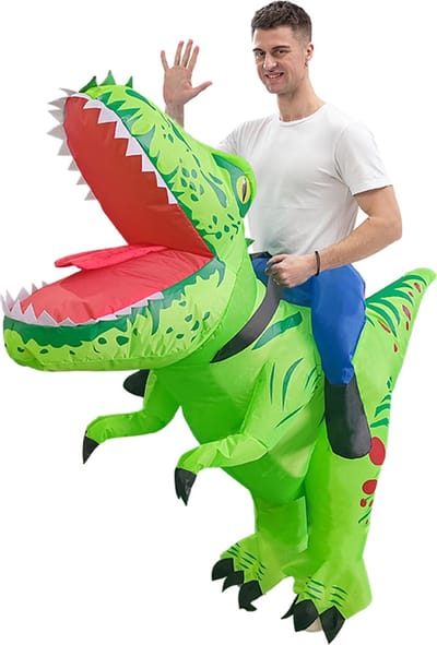 KIMU® Opblaas Kostuum Rijdend op Velociraptor Groen - Opblaasbaar Pak - Dinopak Mascotte Opblaaspak - Opblaasbare Dino Dinosaurus Volwassenen Festival