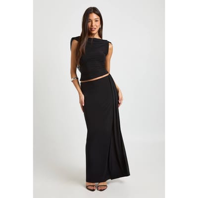 boohoo Dames Slinky Maxi Rok Met Mesh Drapering | Black | Maat: 6