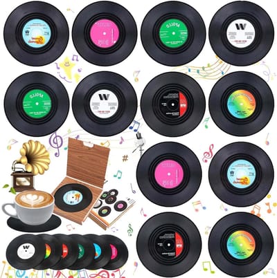 Set van 12 Retro Vinyl Record Onderzetters voor Koffie, Thee en Wijn – Persoonlijke en Antislip Onderzetters voor Dranken in Kleurrijke Stijl