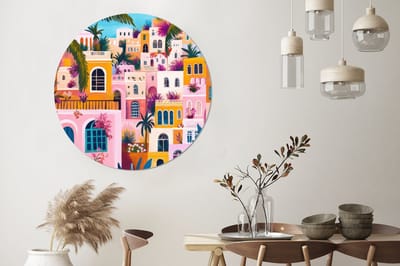 WallCircle - Wandcirkel - Muurcirkel - Kleurrijk - Roze - Oranje - Geel - Bloemen - Aluminium - Dibond - 140x140 cm - Binnen en Buiten