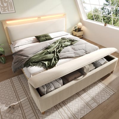 VVBV Houten Opbergbed 140x200 cm - LED, Hydraulische Opbergruimte, Opberghoofdbord, Bedbank, Cordstof, Beige, Zonder Matras