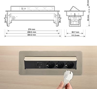 Uitschuifbare Tafelcontactdoos met USB 3.1A Snelladen - Inbouwcontactdoos voor Bureau