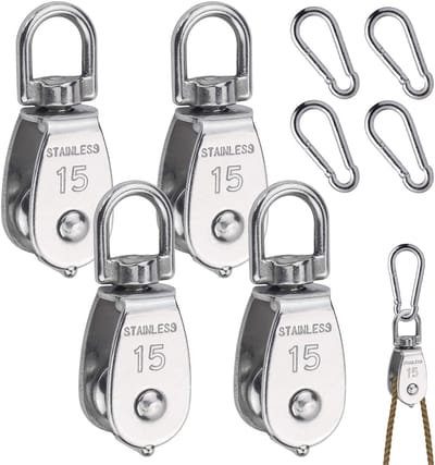 Set van 4 RVS Kabelrollen 15 mm met 4 Carabiners | 360° draaibaar, Laadvermogen 35 kg, Geschikt voor Staal- en Nylonkabels