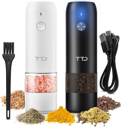 TTD Premium Zout en Pepermolen Set Elektrisch XXL - 75 ml Capaciteit - USB-oplaadbaar - Peper en Zoutmolen set - Kruidenmolen - Zoutmolen - Pepermolen - Peper en Zoutmolen Oplaadbaar - Verstelbare maalgraad - LED-verlichting - 2 stuks - Zwart & Wit