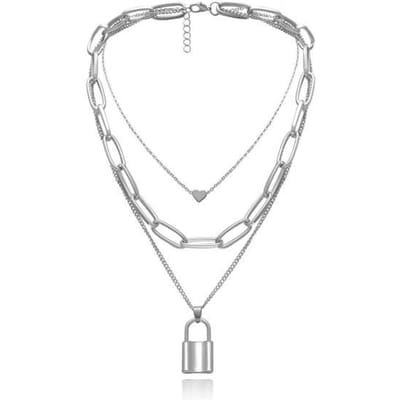 Collier chaîne multicouches style hip-hop avec pendentif cadenas en forme de cœur pour femme et homme, style punk rock white