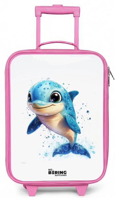 NoBoringSuitcases.com® - Kinderkoffer roze - Kindertrolley meisje - Blije dolfijn met waterdruppels op wit - Koffer kind lichtgewicht - Reiskoffer trolley voor kinderen - Koffertje met lichtgevende wieltjes - Rolkoffer