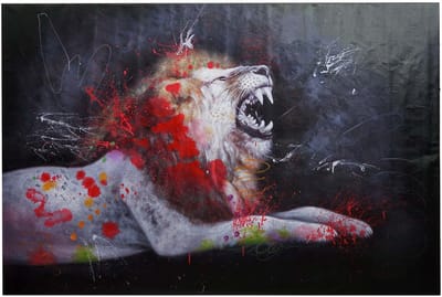 Olieverfschilderij Leeuw MCW-H25, Canvas Muurschildering, Handgeschilderd XL Muurschildering ~ 120x180cm