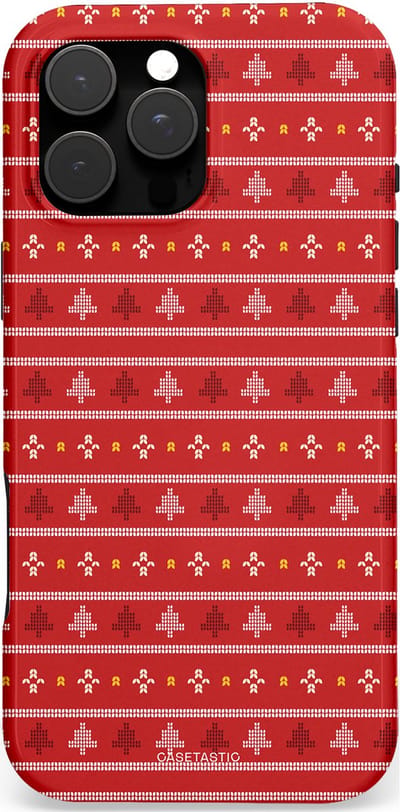 Casetastic Hoesje Geschikt voor Apple iPhone 16 Pro Max Magsafe - Stijlvolle Beschermende Duo-layer Case - Rode Kersttrui met Bomen patroon