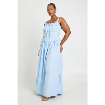 boohoo Dames Plus Maxi Skater Jurk Met Gestructureerd Lijfje Detail En Strikje Vooraan | Babyblauw | Maat: 44