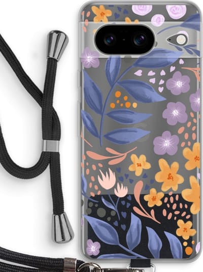 Case Company® - Hoesje met koord geschikt voor Google Pixel 8 hoesje met Koord - Flowers with blue leaves - Telefoonhoesje met Zwart Koord - Bescherming aan alle Kanten en Over de Schermrand