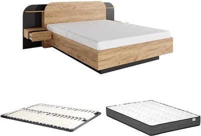 Vente-unique Bedframe hout zwart, natuurlijk licht 160 x 200 cm