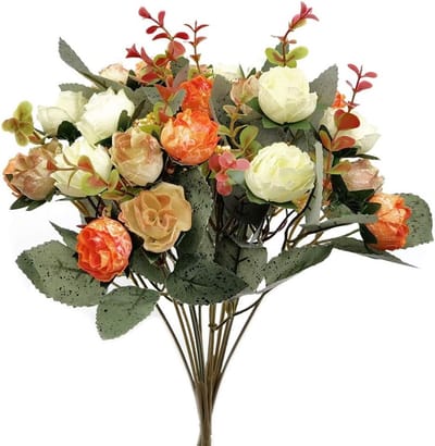 Kunstbloemen met 21 Bloemkoppen, Kleine Rozen voor Bruiloft, Thuis en Tuin Decoratie, Feest en Tafelversiering, Oranje, 2 Stuks, Duurzaam en Onderhoudsvriendelijk