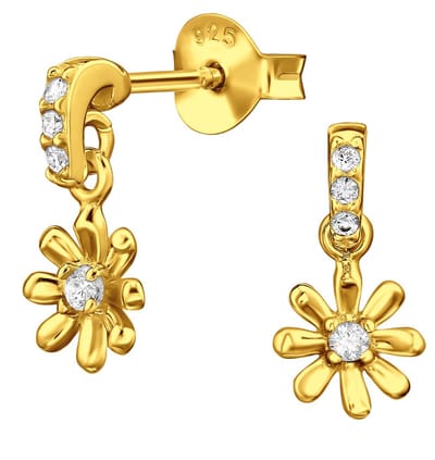 Joy|S - Zilveren bloem bedel oorbellen - oorknoppen met hangend bloemetje - 6 x 12 mm - zirkonia - sterling zilver 925 - kinderoorbellen - gold plated