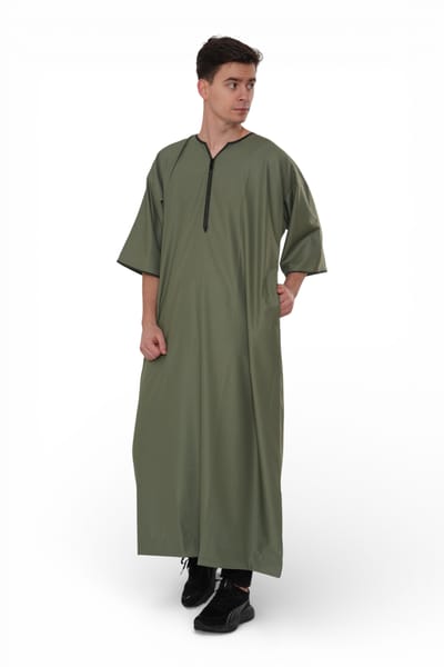 Mannen Ramadan Olijfgroen Marokkaanse Gandoura Thobe Robe Djellaba Eid Jubba-TT-006
