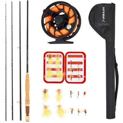 VEVOR Vliegvisset, IM7 Carbon Vliegvishengel en -molen, startersset met hengeltas, tacklebox en 6 korte en 4 lange vliegvishaken, ideaal voor op reis en vakantie