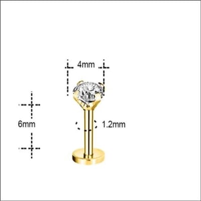 Aramat Jewels | Piercings | RVS Labret Piercing met Ronde Zirkonia 6x1.2mm - Helix Tragus Stud | Goudkleurig / 4mm / Transparant | |3mm | Staal | Volwassenen | Verkleurd niet
